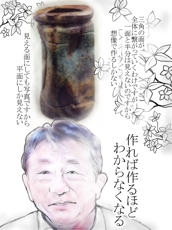 三角の面が全体に繋がっていくが、見えているのは一面だけ。しかも平面。想像で作るしかない。